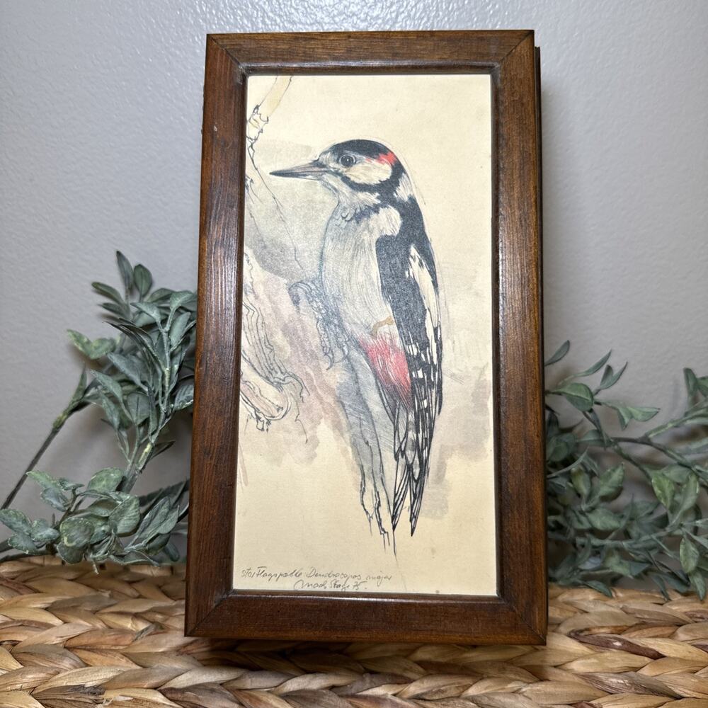 Hand Painted Woodpecker Keepsake Box Signed Dated 1975 Fabric Lined Wood Vintage